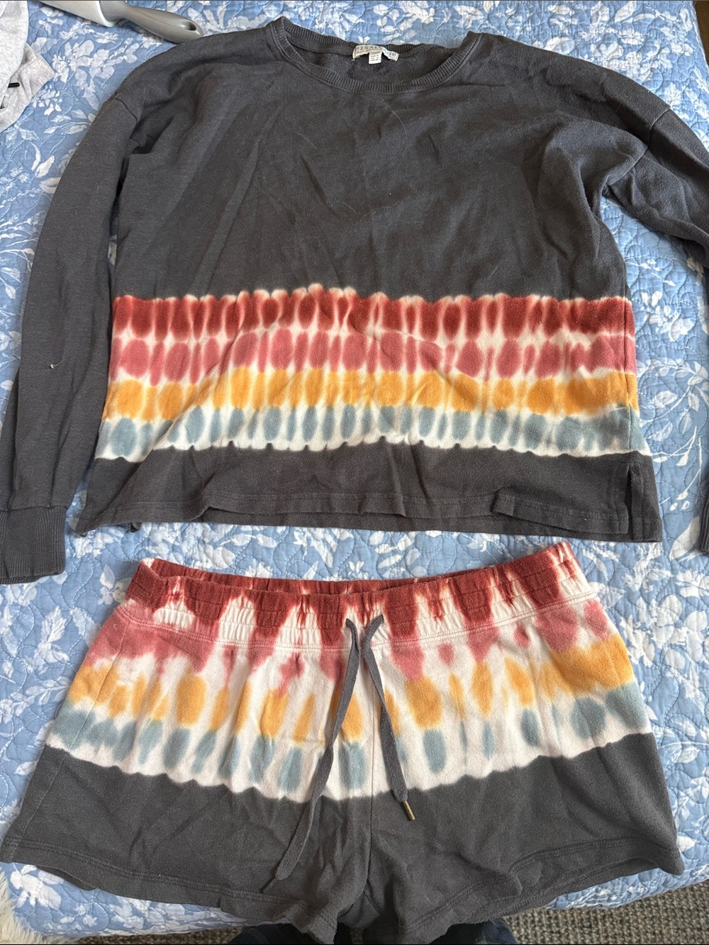 PJ Salvage Tie-Dye Hem Lounge Set - Charcoal with Rust, Mustard & Slate